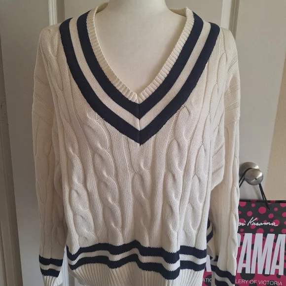 Primark Cream and Black V-Neck Cable Sweater Size L- New With Tags - Picture 1 of 10